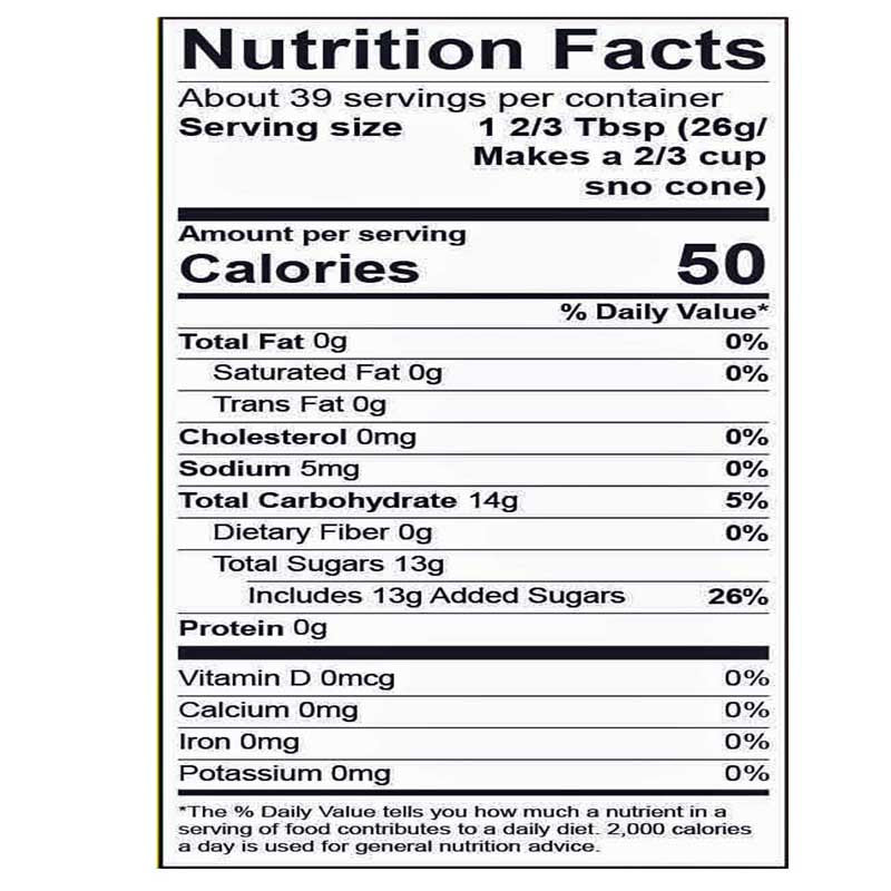 Nutrition Fact Label for Snow Cone Syrup