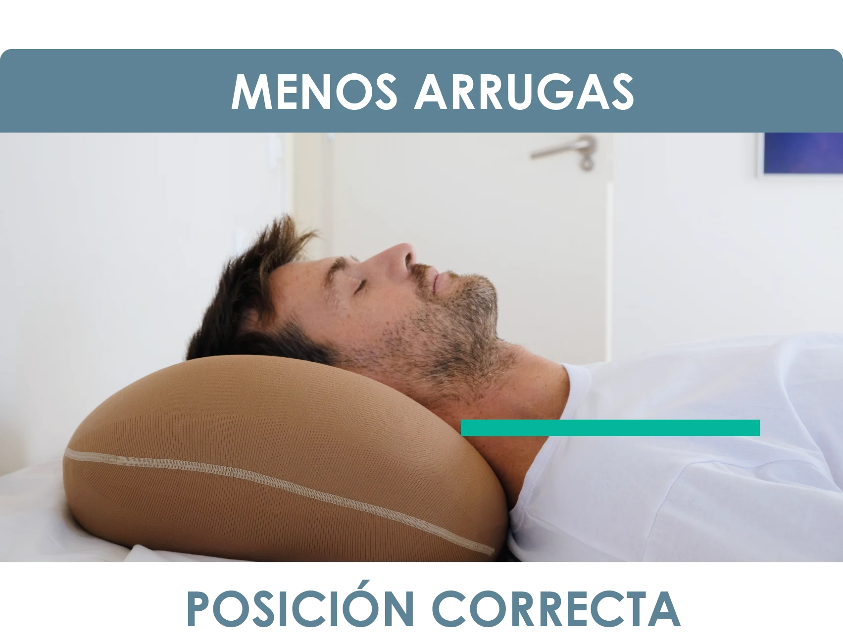 Vista lateral hombre durmiendo correctamente boca arriba usando la almohada cervical antiarrugas Nest by Nunuku para evitar las arruga