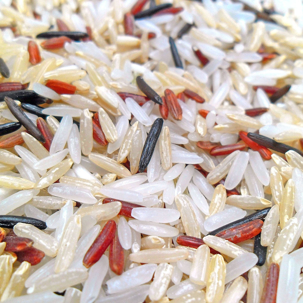 Los cuatro tipos de arroz más comúnmente consumidos, que son: arroz integral, arroz rojo, arroz blanco tailandés y arroz salvaje negro.
