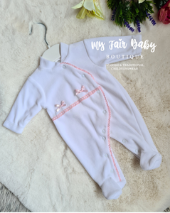 Spanish Baby Girls White Velour Sleepsuit/Babygrow