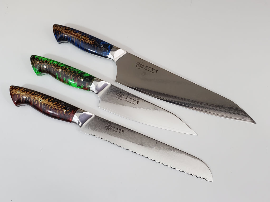 Custom Kiritsuke Damascus Chef knife set unqiue knives Made in Canada pine  cone handles – Ikigai Knives