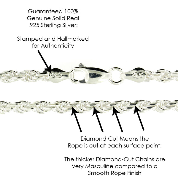 Diamond Cut 925 Sterling Silver Rope Chain Necklaces