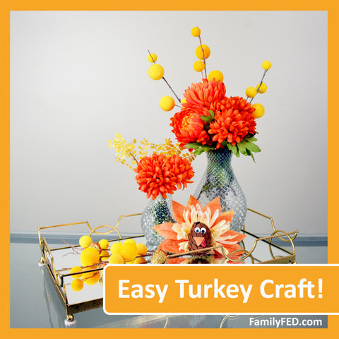 Easy Turkey Craft for Kids Using Feathers, Flowers, and Pine Cones