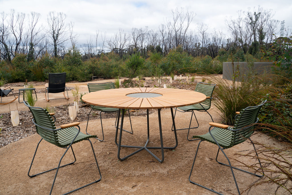 Round Outdoor Dining Table Setting with bamboo