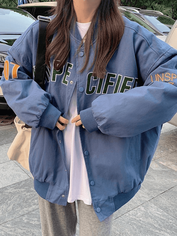 Letter Embroidered Fleece Lined Varsity Jacket - AnotherChill