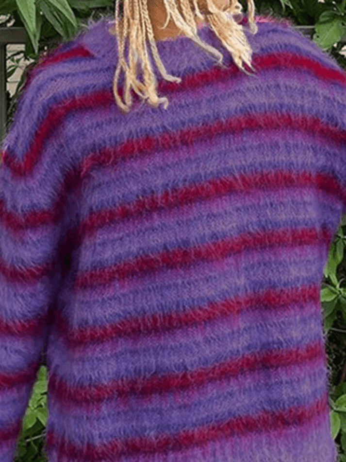 Purple Striped Fuzzy Knit Sweater - AnotherChill