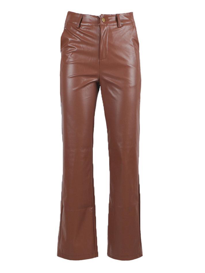 2022 Wide Leg Leather Pockets Pants Brown S in Pants Online Store ...