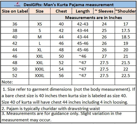 Man's Kurta Pajama Size Chart - DesiGifts LLC