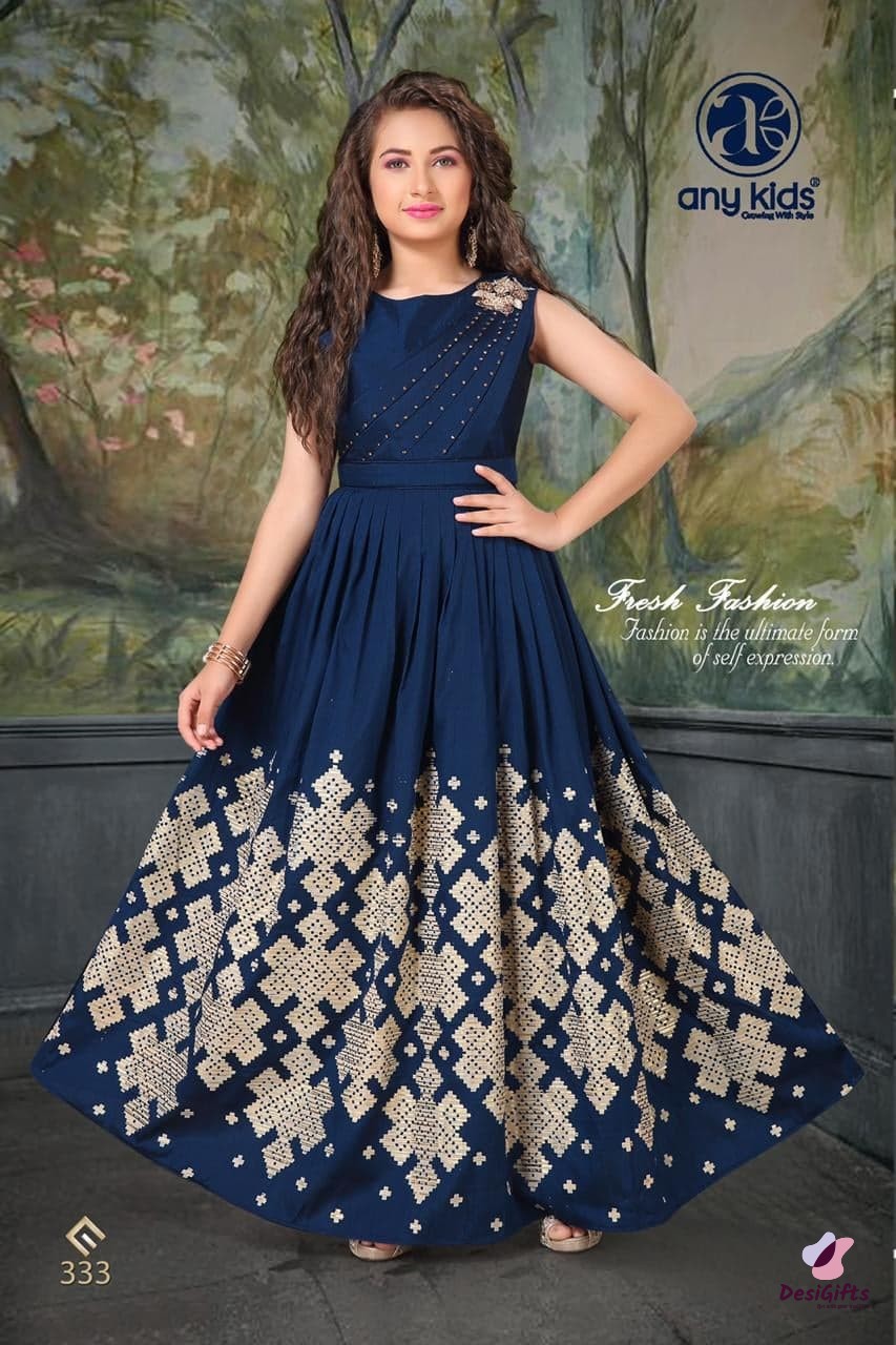 Girl's Jorba Silk Blue Gown Dress, Design G333 # 371 - DesiGifts LLC