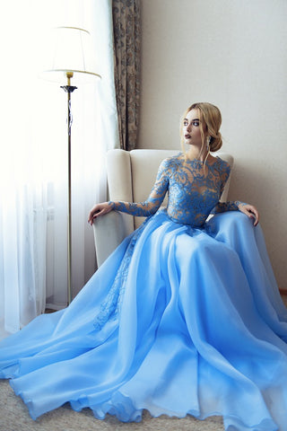 Bride wearing a blue wedding dress