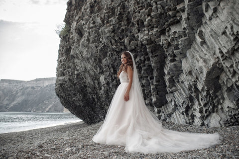 Bride wearing a cathedral length veil