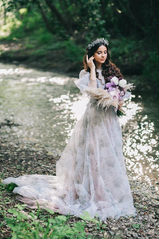 Bride wearing a floral wedding dress