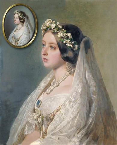 Illustration of Queen Victoria in her famous white lace wedding dress