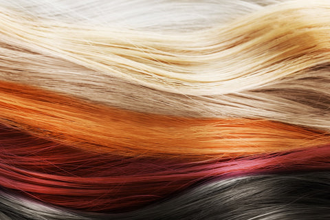 Different hair colors; silver, golden blond, ash blond, copper red, reddish purple and dark brown