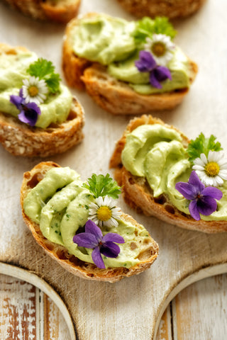 spring sandwiches, avocado paste, edible flowers