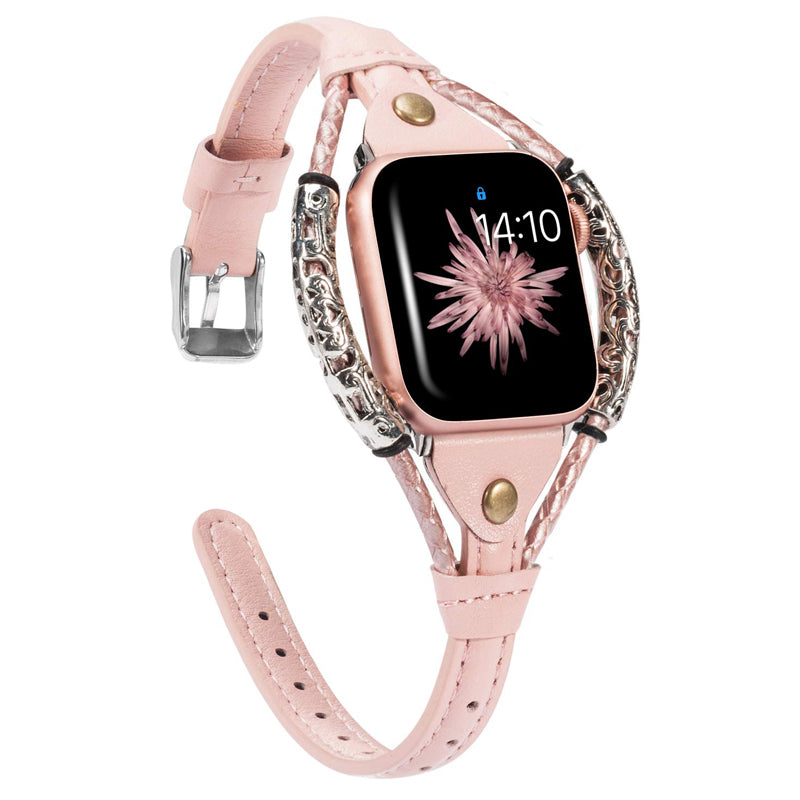Slim Genuine Leather Apple Watch Strap with metal Bracelet - Wristwatchstraps.co