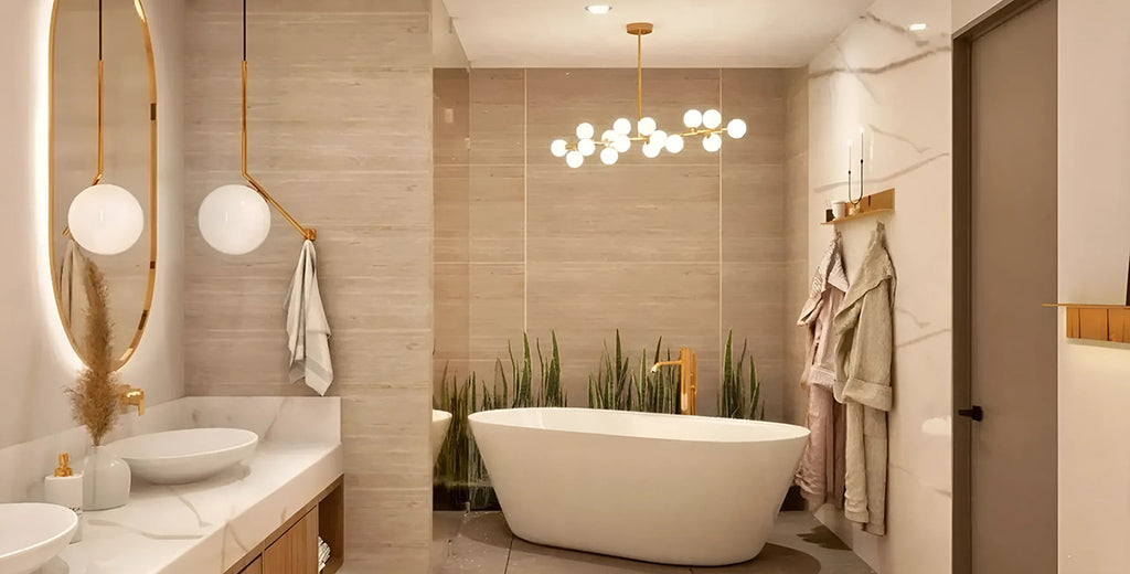 Diseño de baños pequeños estilo escandinavo: una bañera con vasto follaje a su alrededor e iluminación vintage; un lavabo de piedra natural iluminado y decorado con follaje y espejos.