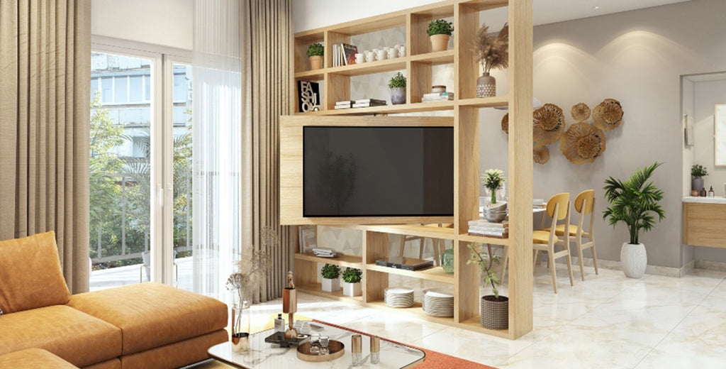 Interiorismo para departamentos pequeños: estantería minimalista con soporte giratorio para televisión