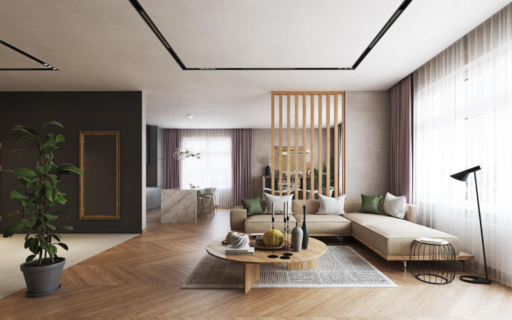 Sala de estar decorada al estilo del lujo silencioso con amplia entrada de luz y muebles minimalistas modernos.