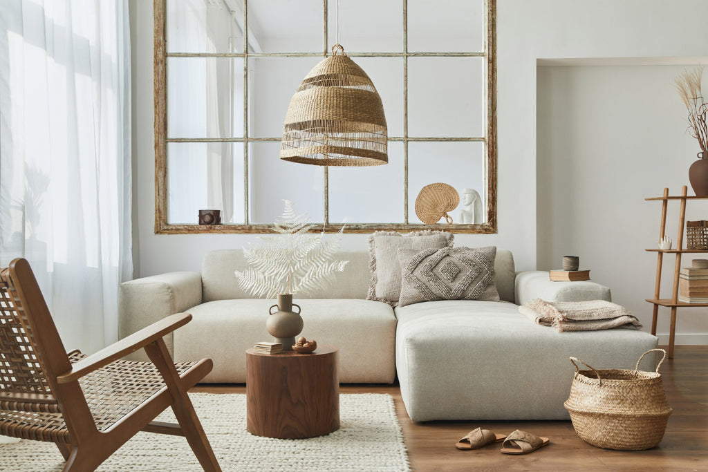 Sala de estar decorada con estilo escandinavo, caracterizado por su uso de colores neutros, amplia iluminación natural y texturas naturales
