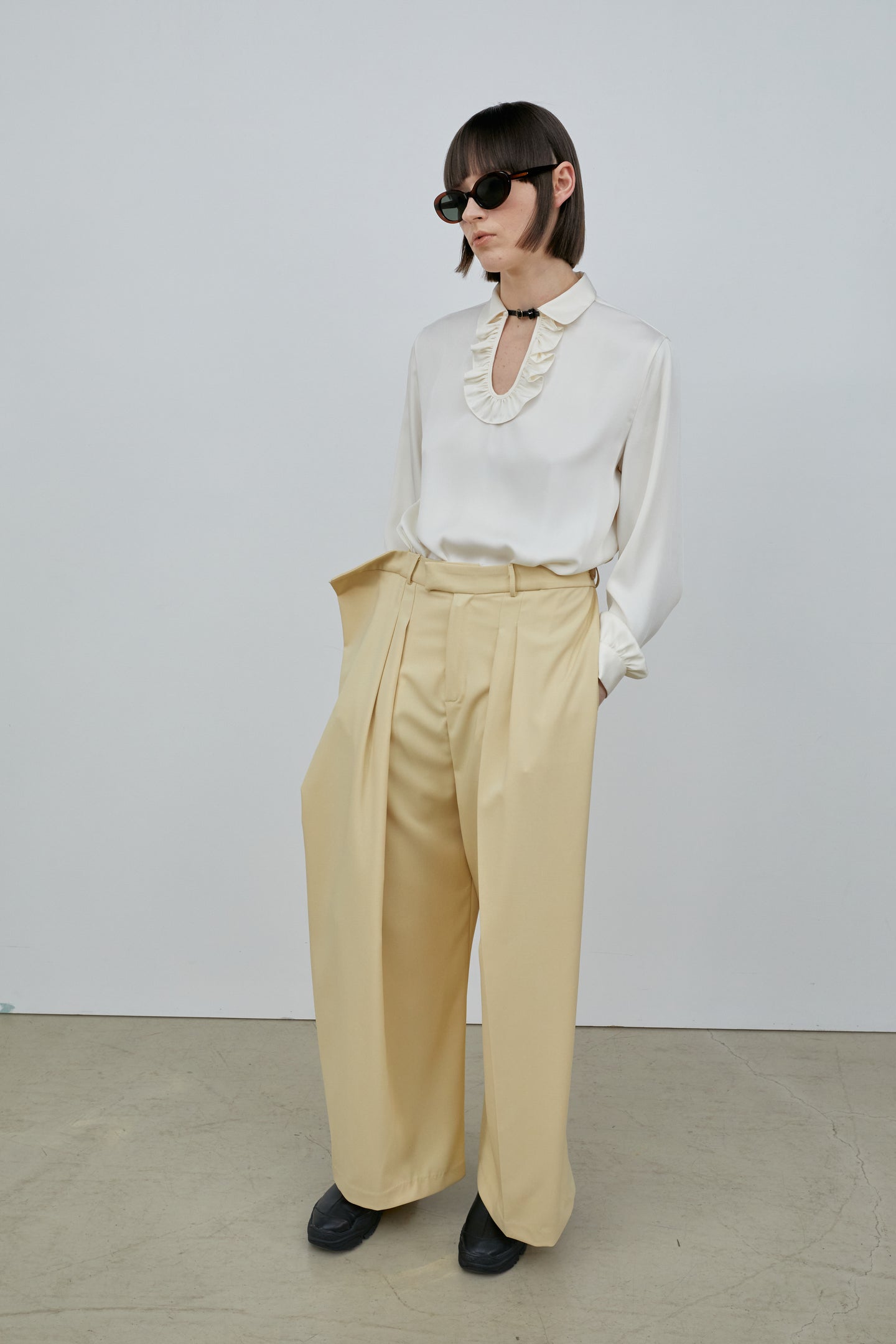 Ruffled Blouse With Belt, Cream – SourceUnknown