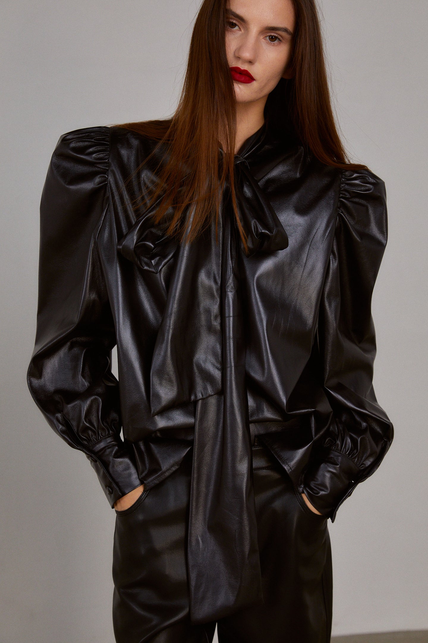 Puffed Tie Collar Leather Blouse, Black – SourceUnknown