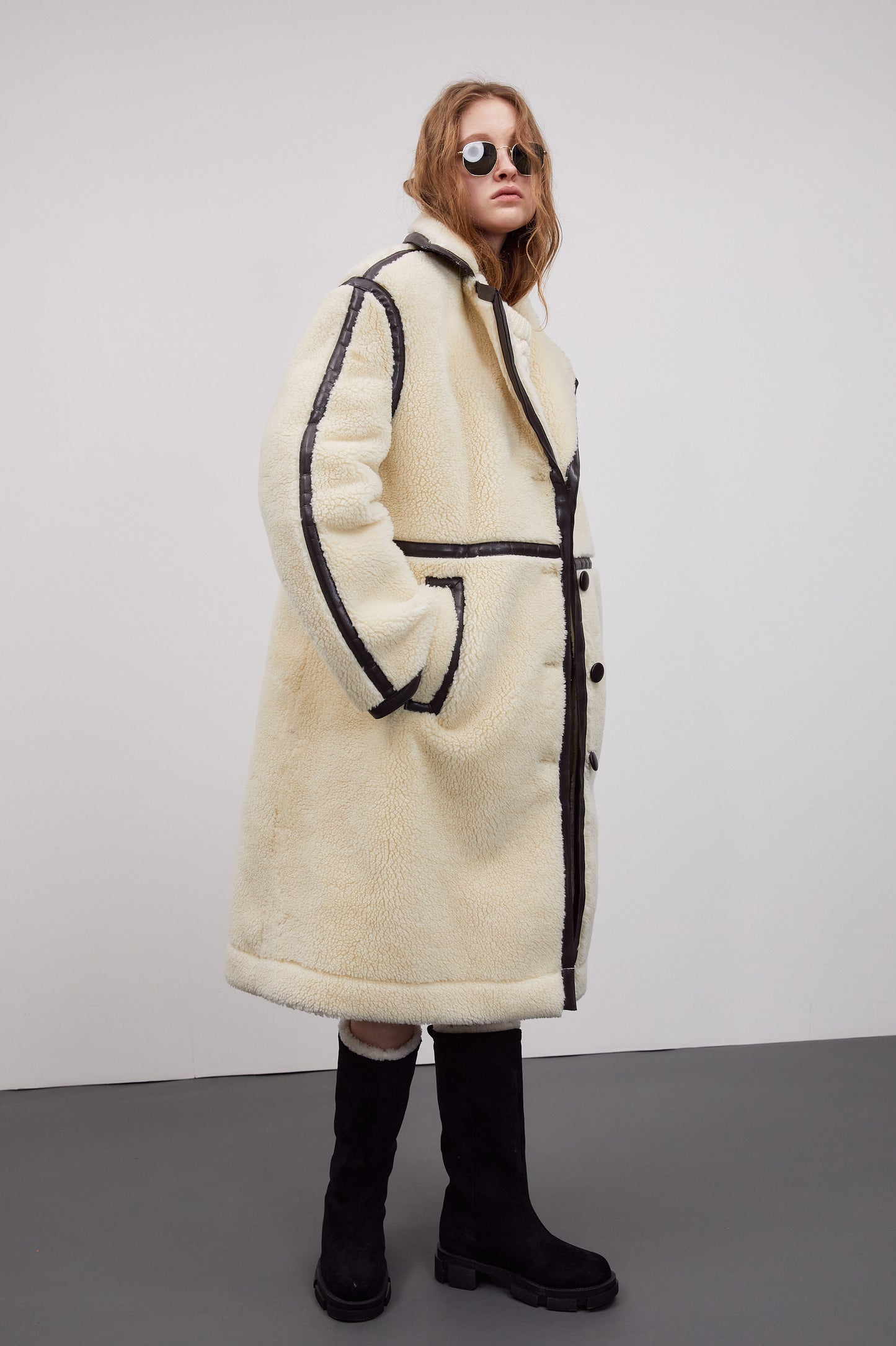 Leather-Trimmed Shearling Coat, Ivory