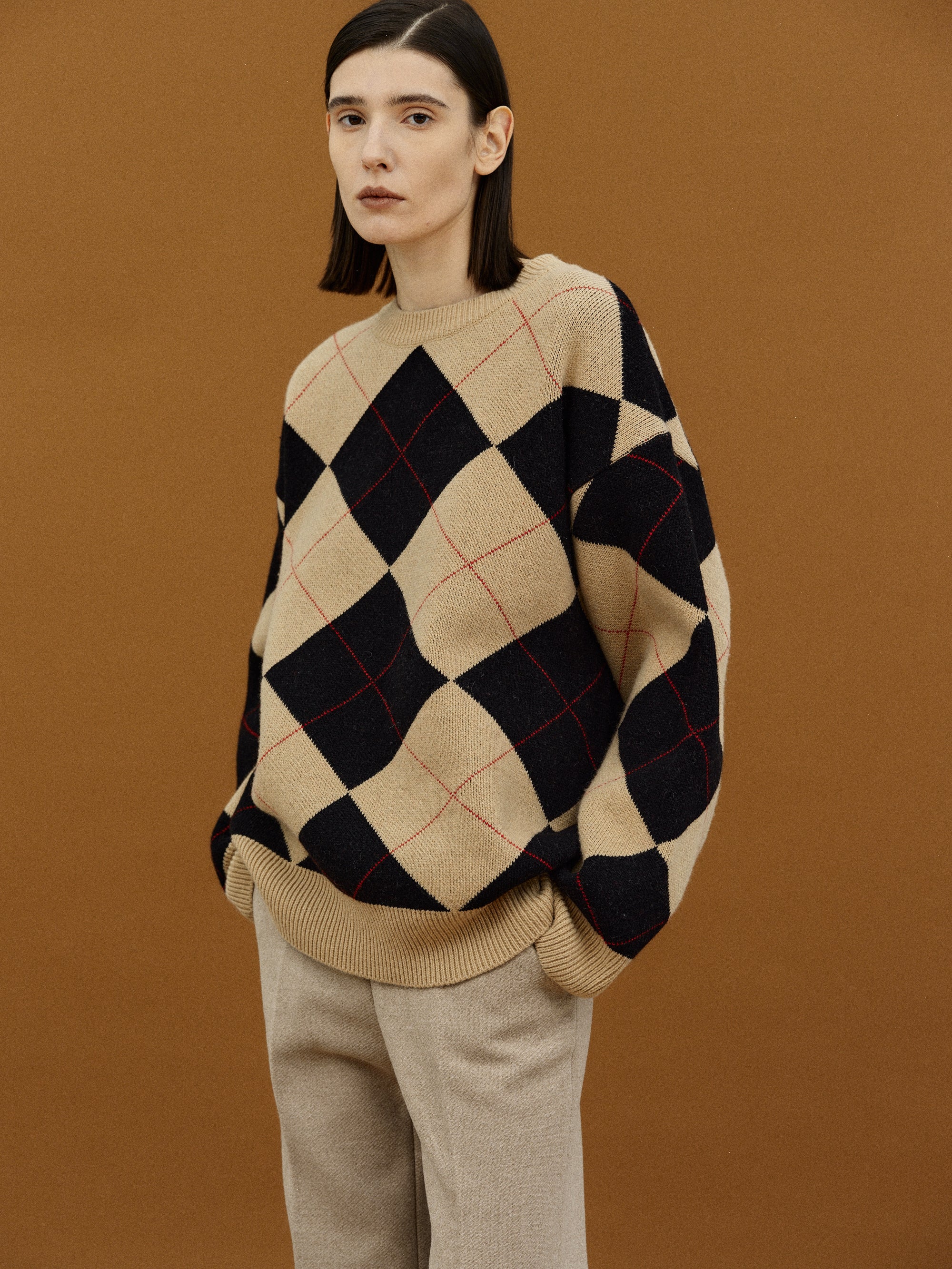 Argyle Knit Pullover, Latte