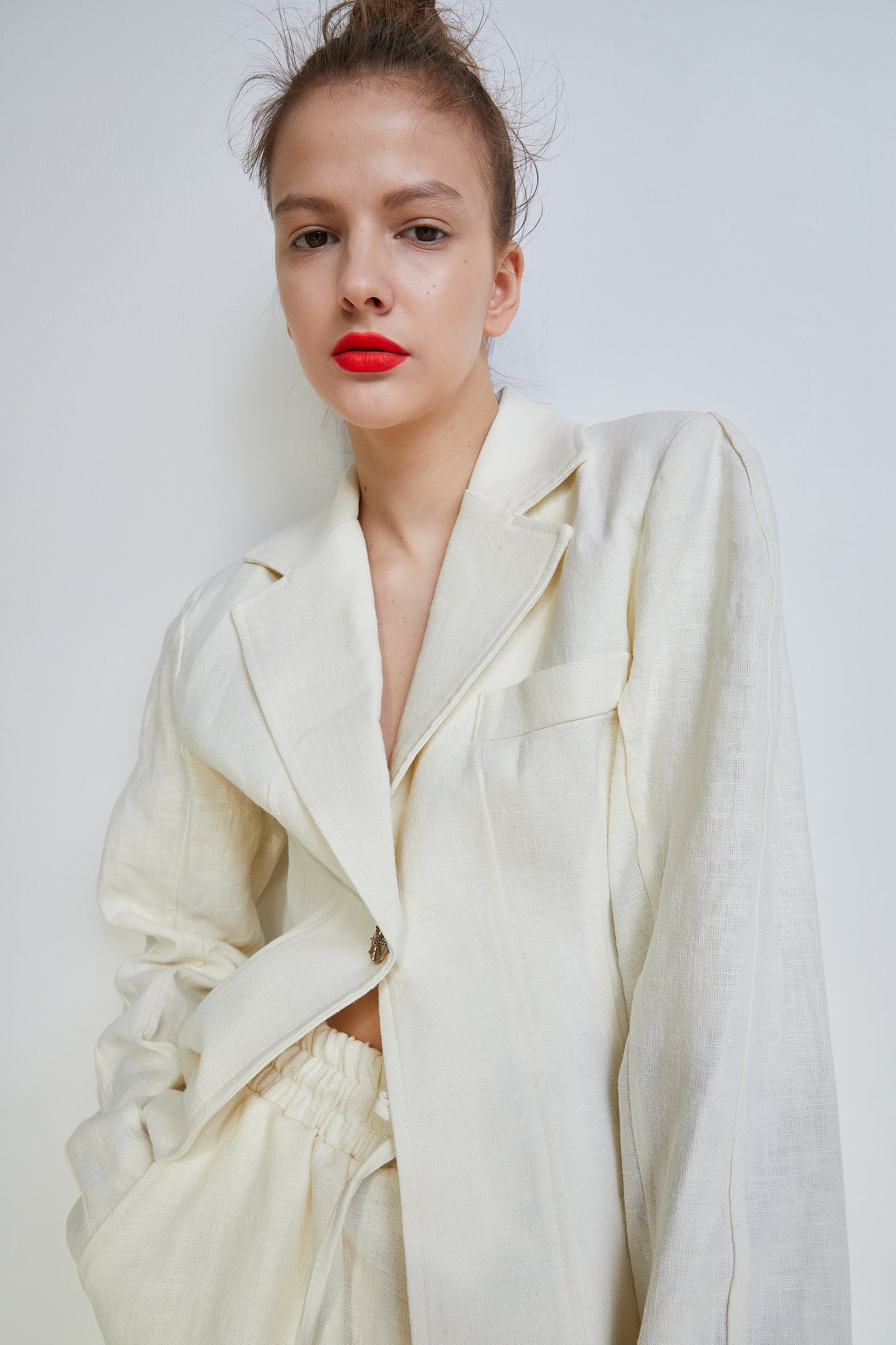 Single Breasted Long Blazer Linen Jacket, Ivory – SourceUnknown