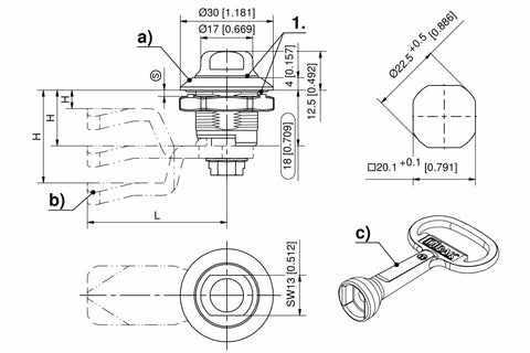 100-9508 Quarter-Turn with Insert SW13 Pr20.1 L18 for hygiene applications