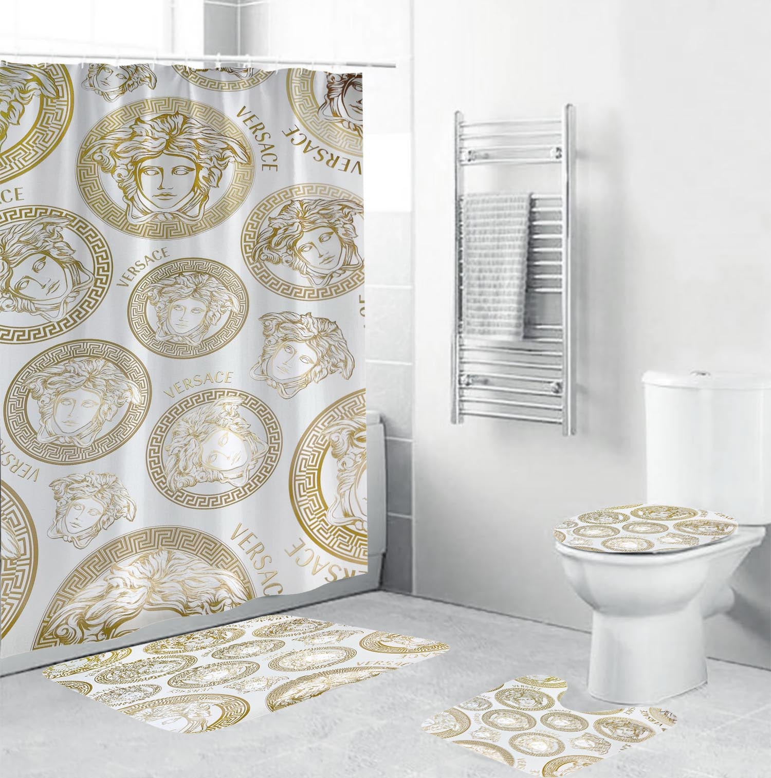 Beige Logo Versace Shower Curtain Set