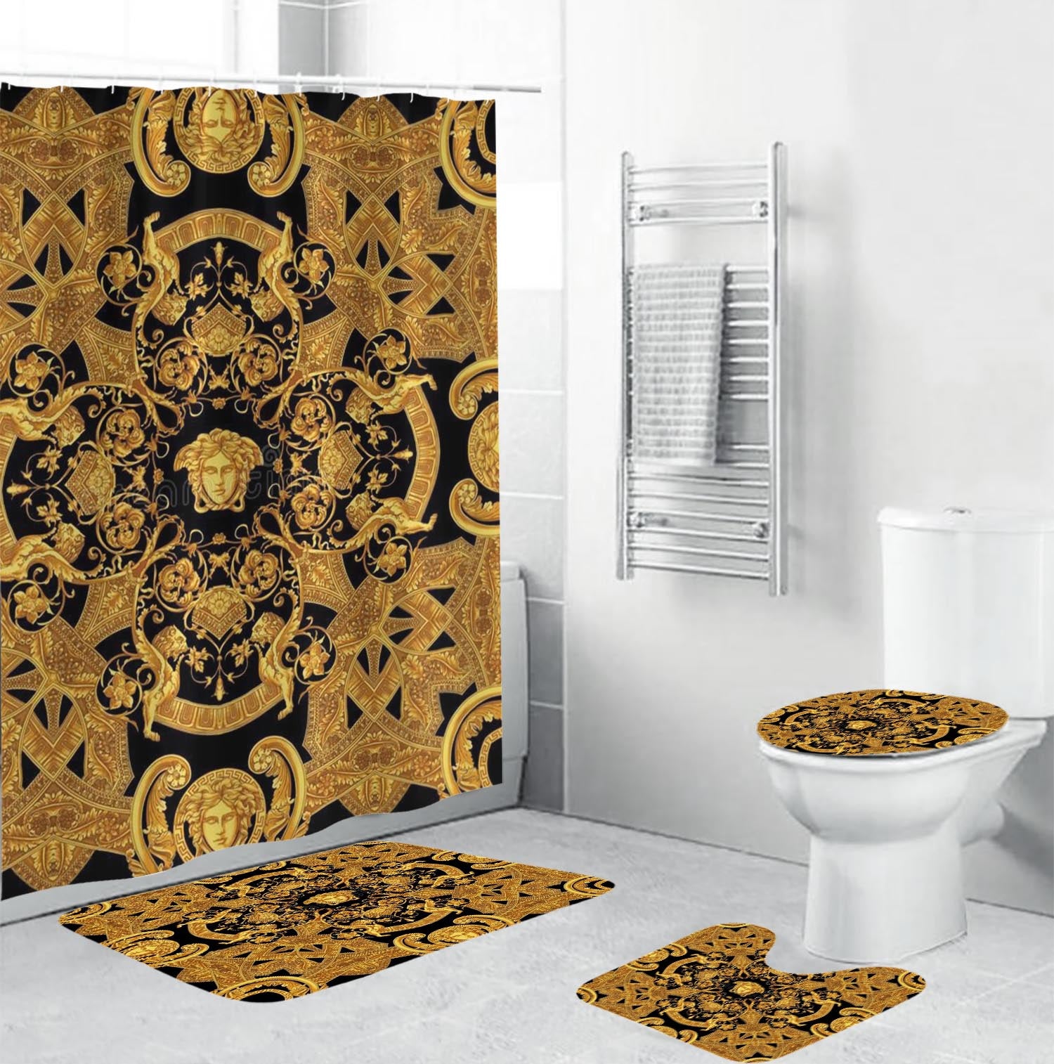 Gold Black Signature Versace Shower Curtain Set