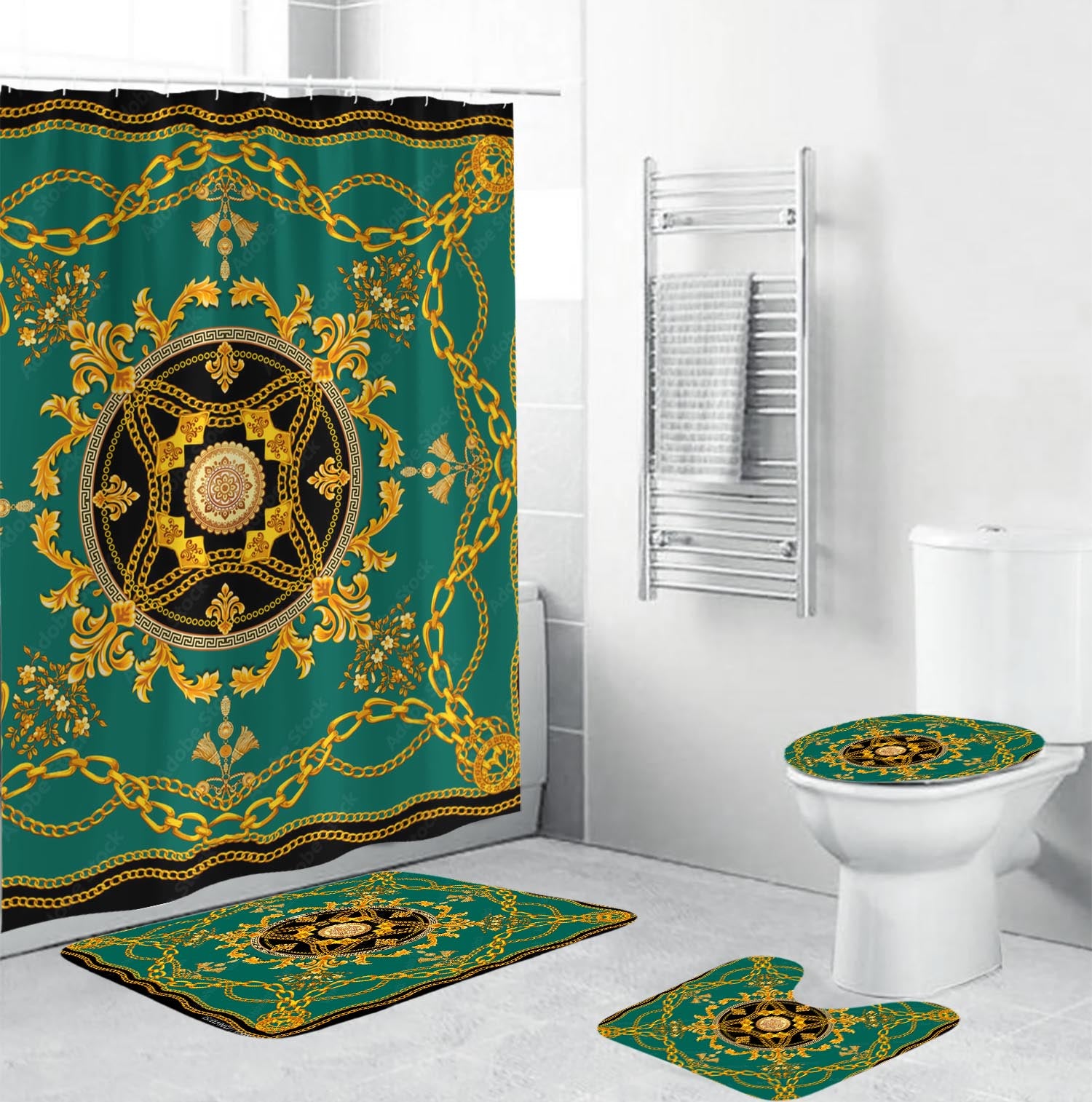 Royal Green Gold Versace Shower Curtain Set