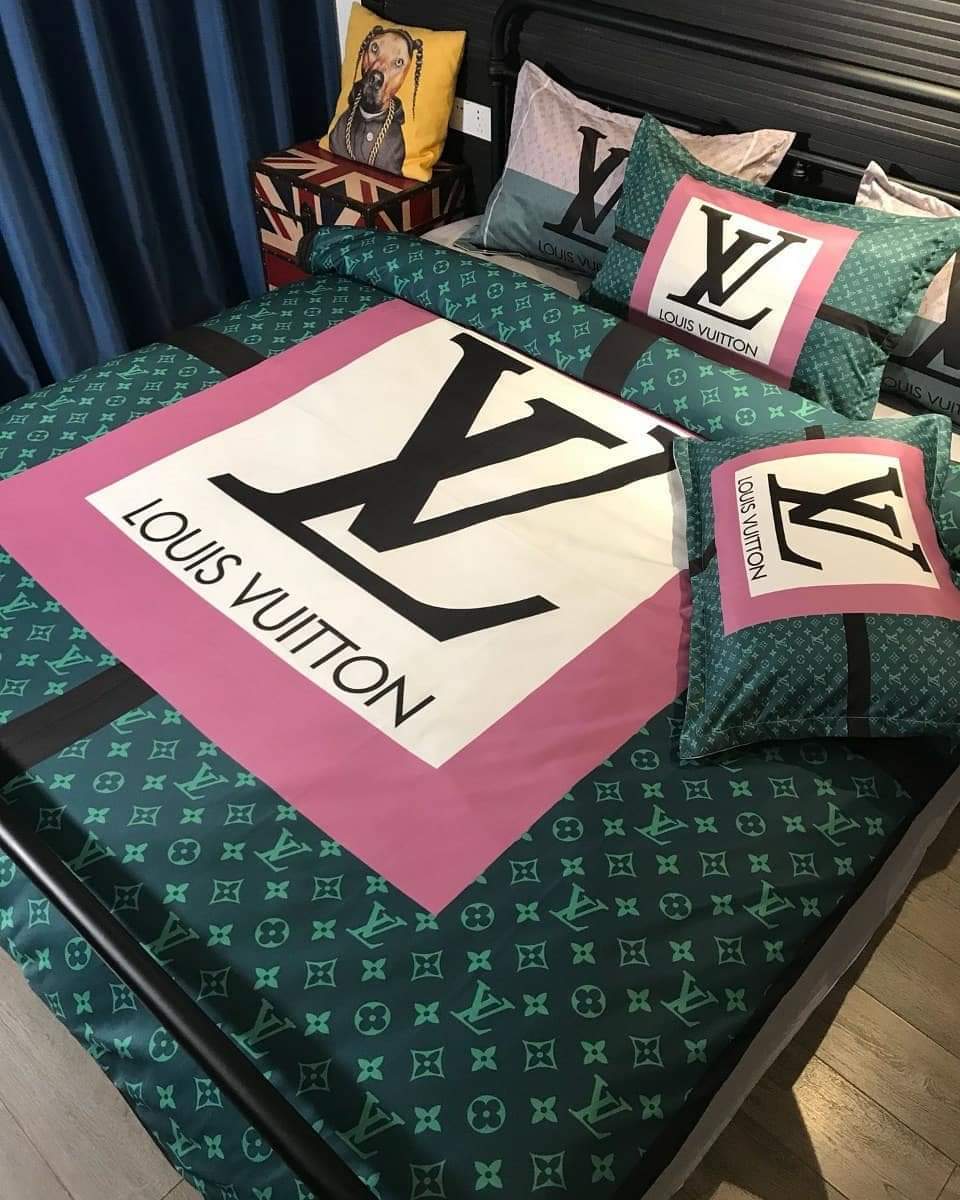 Pink and Green Monogram Louis Vuitton bed set