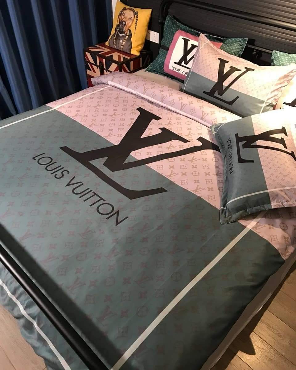 Grey and Pink Monogram Louis Vuitton bed set