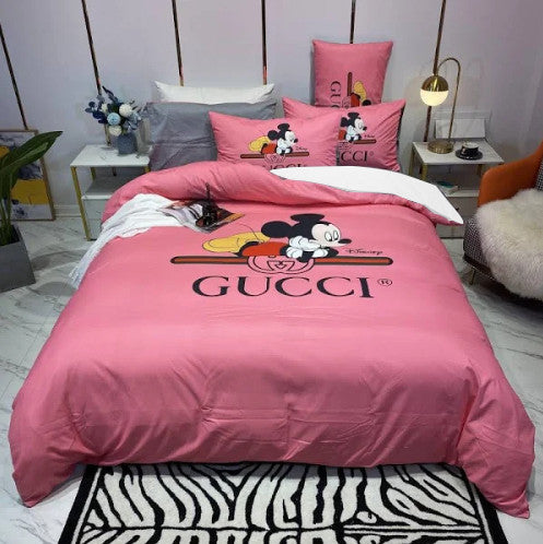 X Mickey Signature Logo In Pink Background Gucci bed set