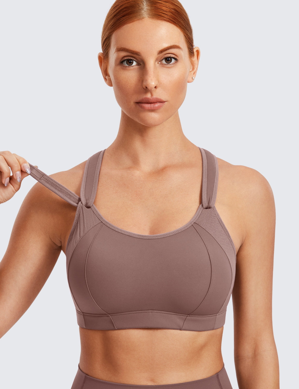  SYROKAN Sports Bras For Women High Impact Mesh Full Coverage  Racerback Support High Neck Wireless No Bounce Running Bra Leather