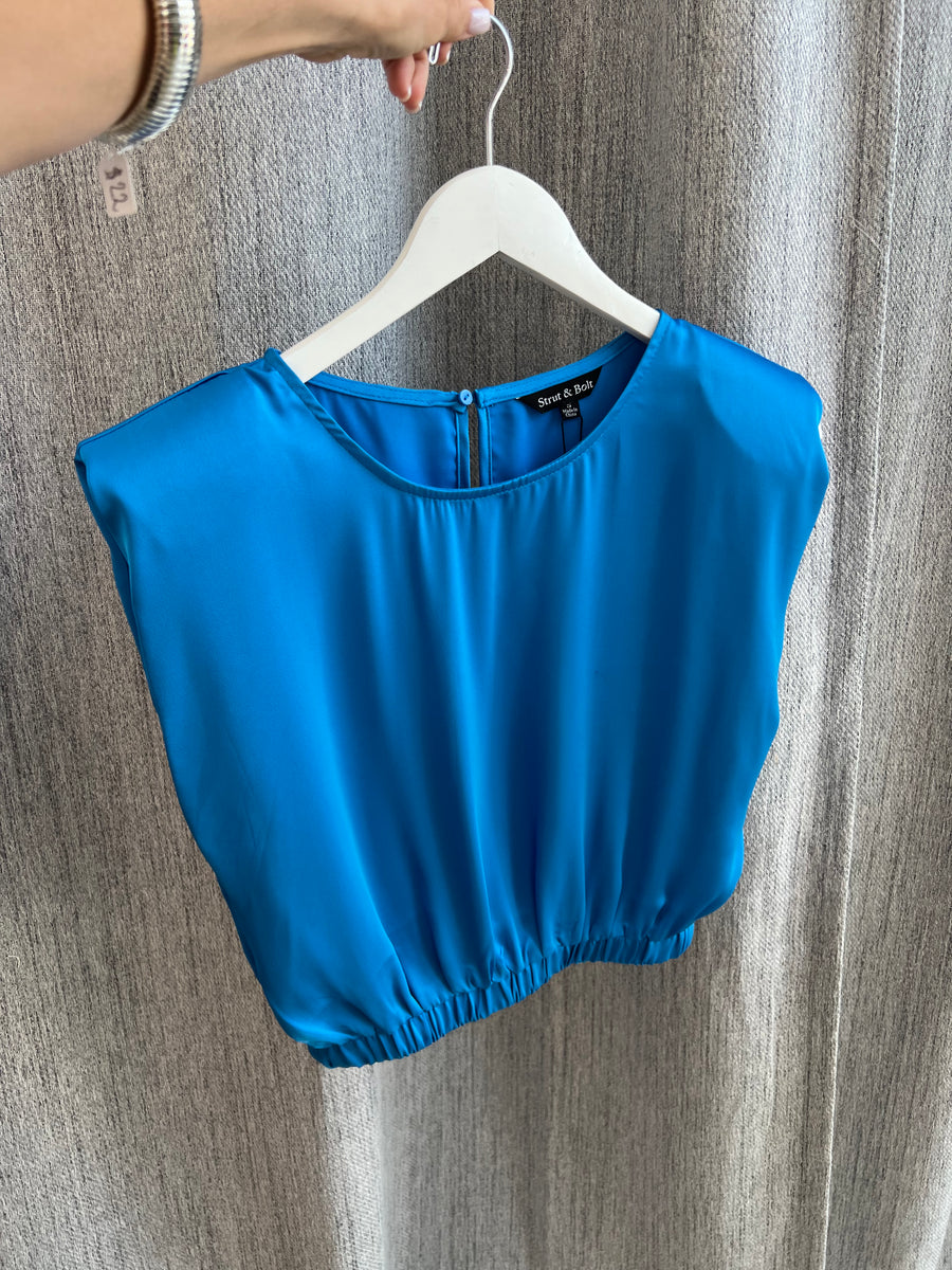 Satin Padded Shoulder Top Blue – Mommy Chic Boutique