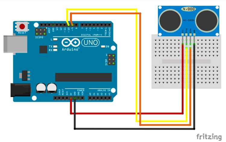 Circuit Diagram for Distance meter using Arduino Uno and Ultrasonic sensor