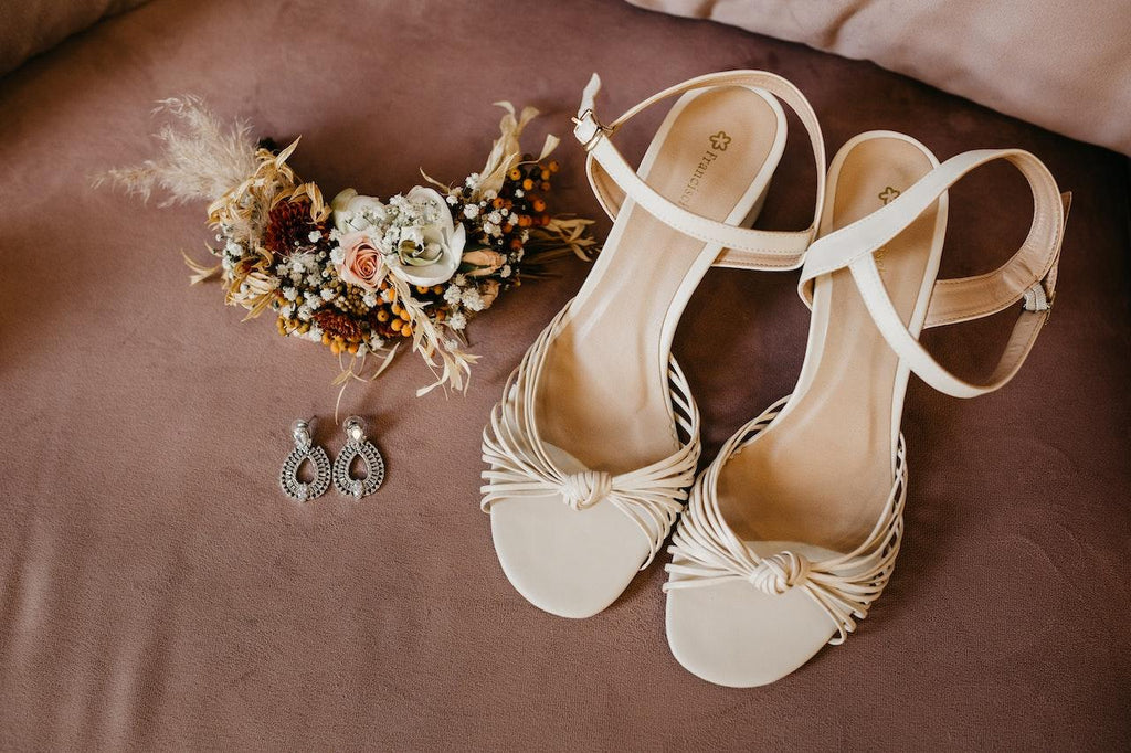 beige heels that perfectly match the gown