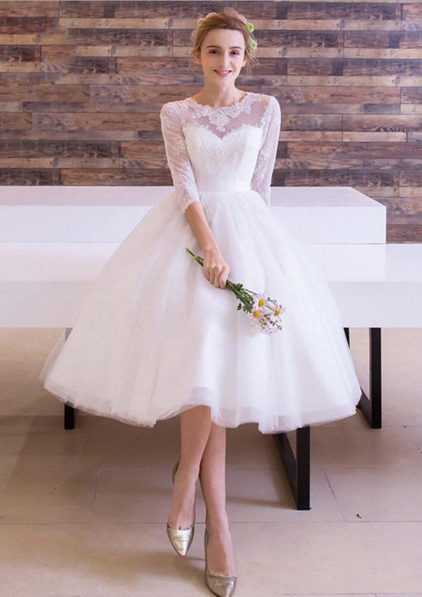3/4 Sleeve Calf Length Lace Tulle Ball Gown Short Wedding Dress ...