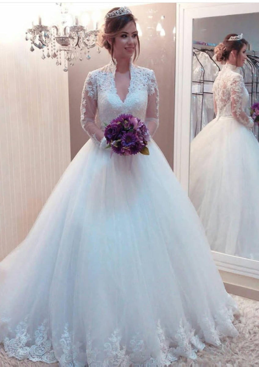 Ball Gown Scalloped Neck Long Sleeve Sweep Tulle Wedding Dress, Lace ...