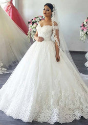 Ball Gown Off Shoulder Chapel Train Lace Tulle Wedding Dress - Princessly