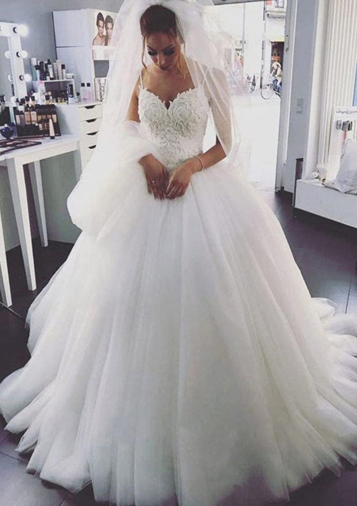 Ball Gown Spaghetti Strap Sweetheart Backless Lace Tulle Wedding Dress ...