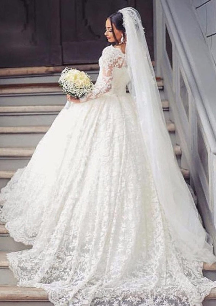 Bateau Long Sleeve Court Train Lace Ball Gown Wedding Dress - Princessly