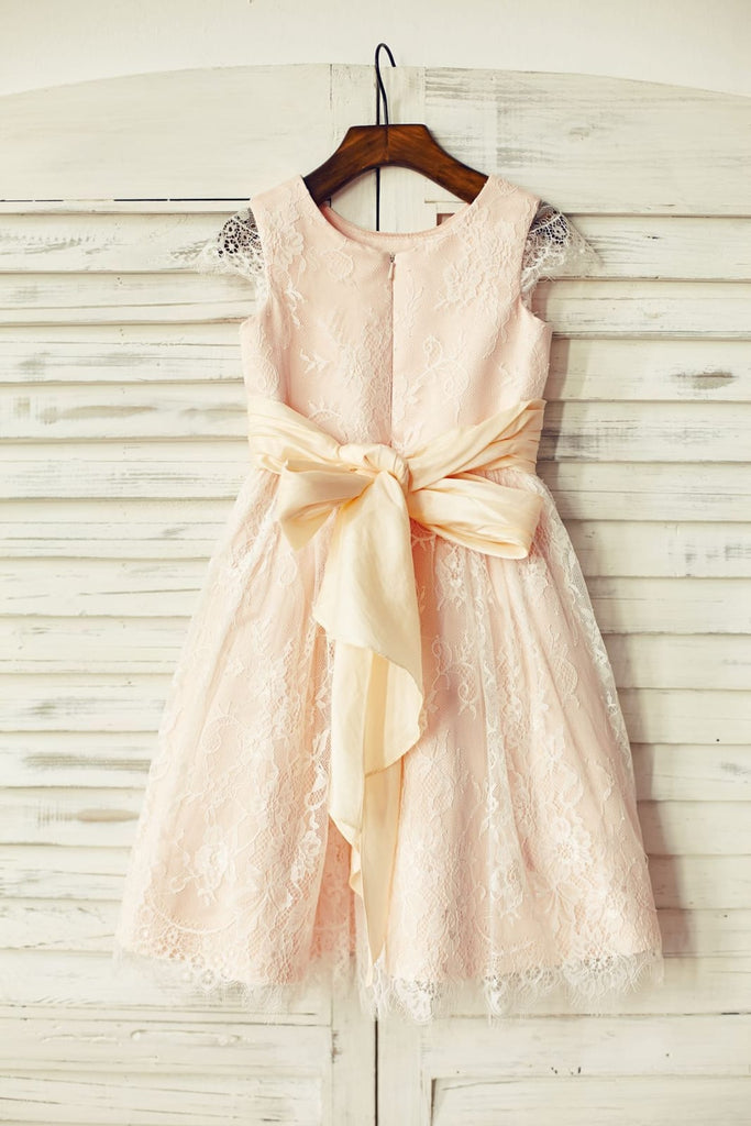Blush Satin Ivory Lace Cap Sleeves Flower Girl Dress, Belt - Princessly
