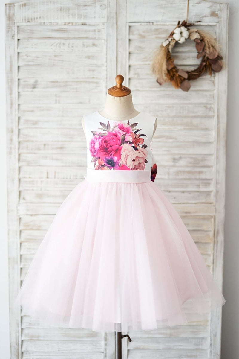 Floral Print Satin Pink Tulle V Back Wedding Flower Girl Dress - Princessly