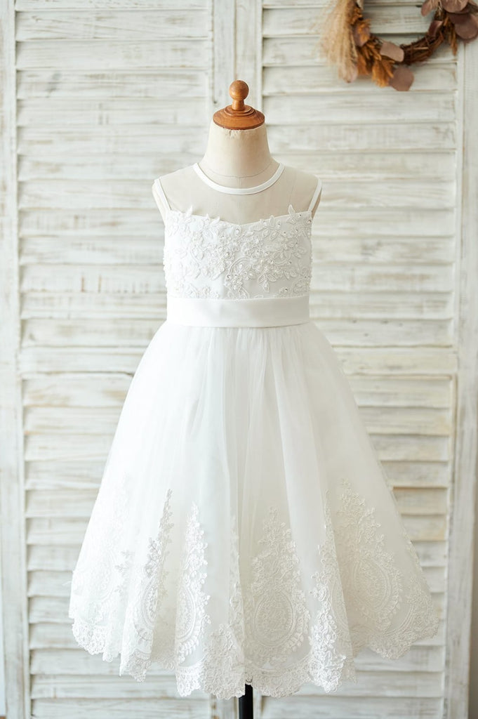 Ivory Lace tulle Wedding Flower Girl Dress, Bows - Princessly