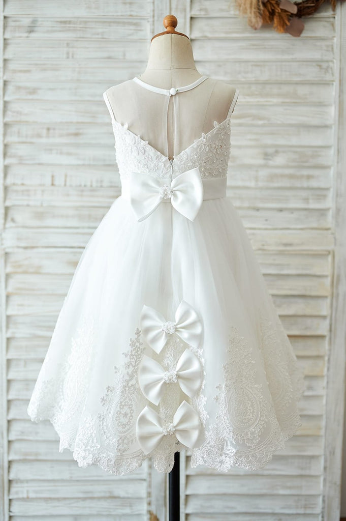 Ivory Lace tulle Wedding Flower Girl Dress, Bows - Princessly
