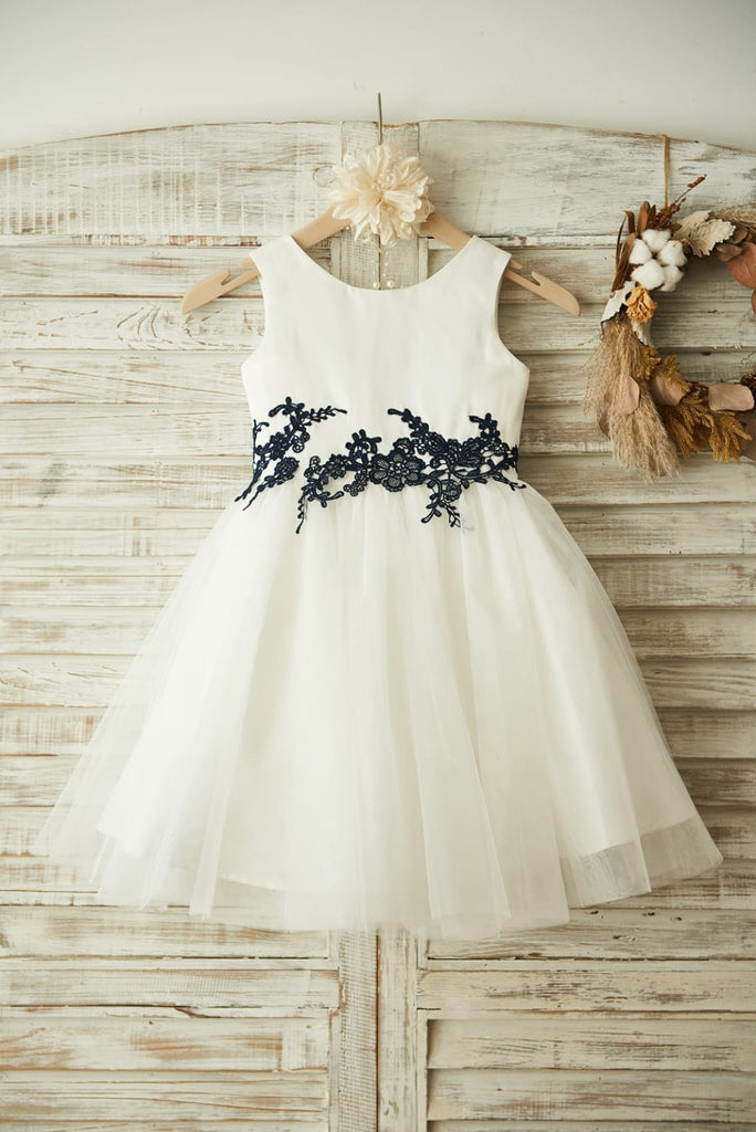 Ivory Satin Tulle Black Lace Wedding Flower Girl Dress - Princessly
